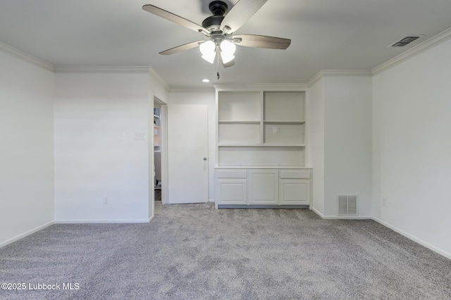 4517 9th St, Lubbock, TX 79416 - unfurnished living room featuring ceiling fan, light colored carpet, crown molding, baseboards, and recessed lighting