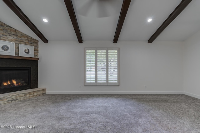 4517 9th St, Lubbock, TX 79416 - unfurnished living room featuring baseboards, carpet flooring, a stone fireplace, and recessed lighting