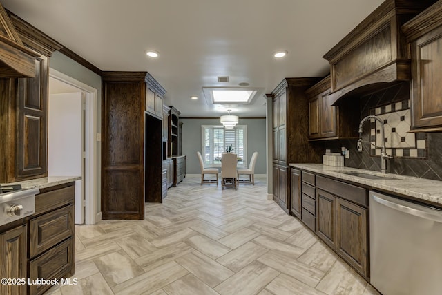 4517 9th St, Lubbock, TX 79416 - kitchen featuring dishwasher, a sink, dark brown cabinets, baseboards, and crown molding