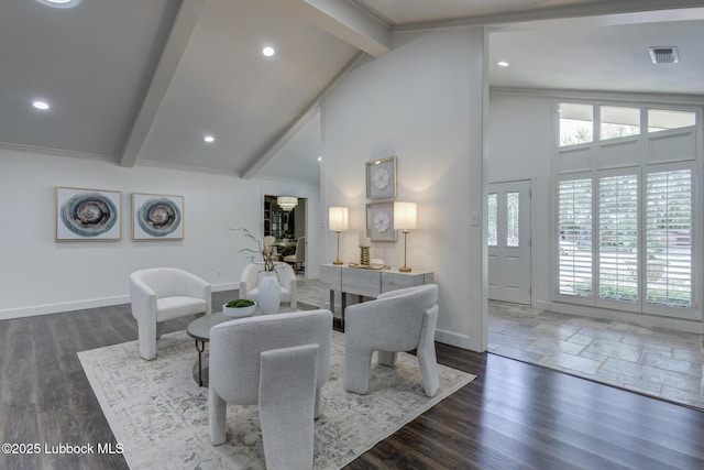 4517 9th St, Lubbock, TX 79416 - living area with beam ceiling, baseboards, high vaulted ceiling, recessed lighting, and wood finished floors