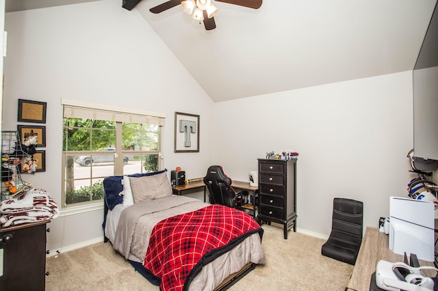 2911 111th St, Lubbock, TX 79423 - carpeted bedroom featuring high vaulted ceiling, ceiling fan, and beamed ceiling