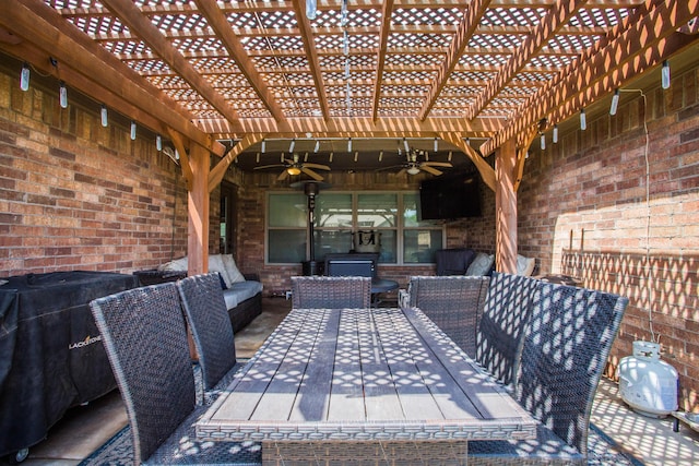 2911 111th St, Lubbock, TX 79423 - view of patio / terrace with ceiling fan, outdoor lounge area, a pergola, and outdoor dining area