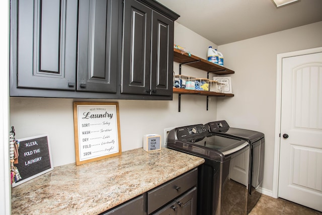 2911 111th St, Lubbock, TX 79423 - washroom with cabinet space, washing machine and dryer, and tile patterned flooring