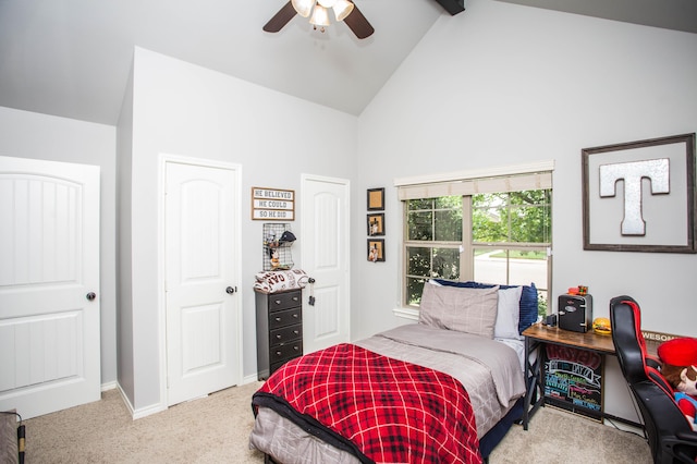 2911 111th St, Lubbock, TX 79423 - carpeted bedroom with high vaulted ceiling, beamed ceiling, and ceiling fan