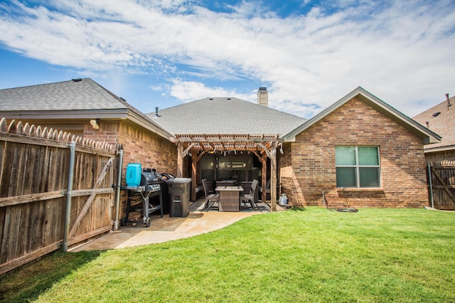 2911 111th St, Lubbock, TX 79423 - rear view of property featuring brick siding, a pergola, a fenced backyard, a patio area, and a chimney