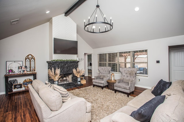 2911 111th St, Lubbock, TX 79423 - living area with a chandelier, a stone fireplace, beamed ceiling, wood finished floors, and high vaulted ceiling