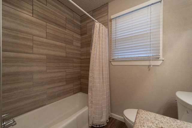 bathroom featuring shower / bathtub combination with curtain, wood-type flooring, and toilet