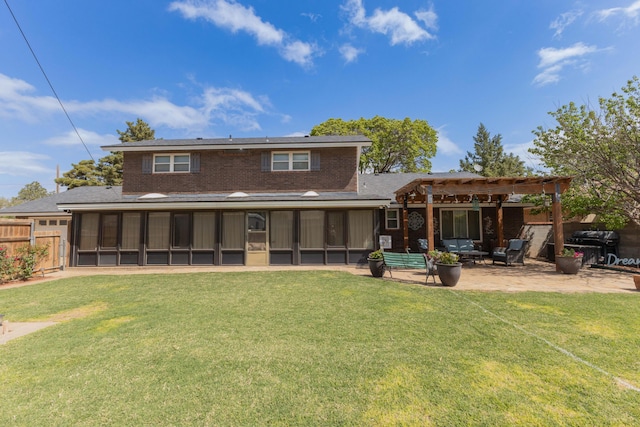 rear view of property featuring fence, a pergola, a patio, and a sunroom