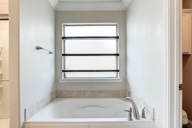 bathroom featuring a washtub, ornamental molding, and toilet