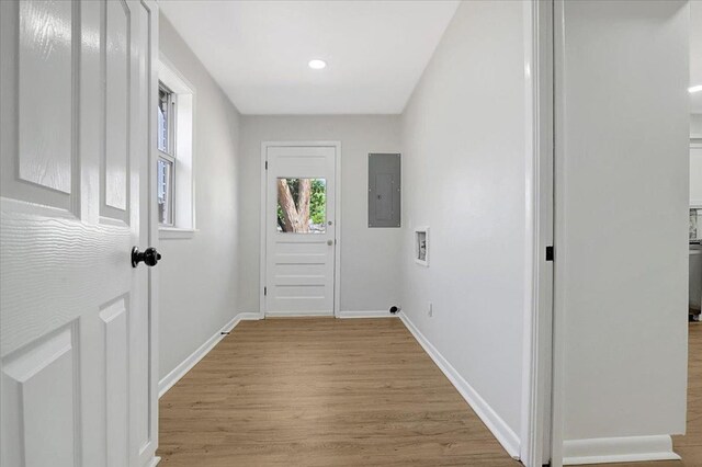 doorway to outside with electric panel, baseboards, and light wood-style floors