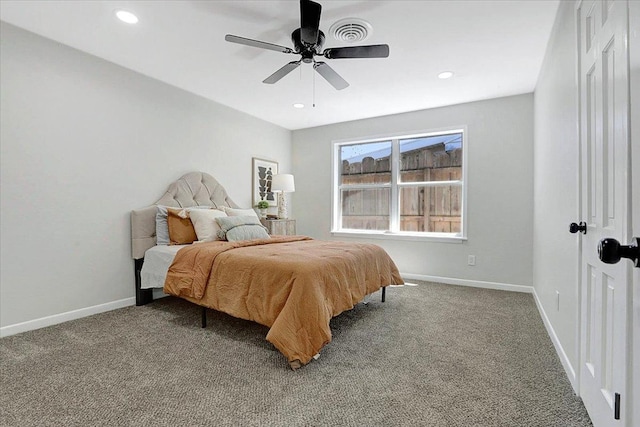 carpeted bedroom with recessed lighting, visible vents, and baseboards