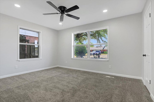 unfurnished room with recessed lighting, baseboards, and carpet floors