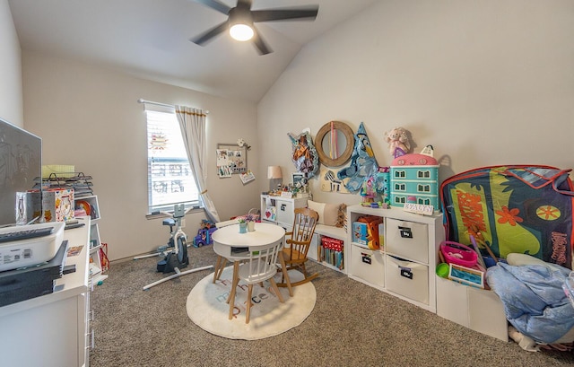 10323 Ave X, Lubbock, TX 79423 - rec room with carpet flooring, ceiling fan, and vaulted ceiling