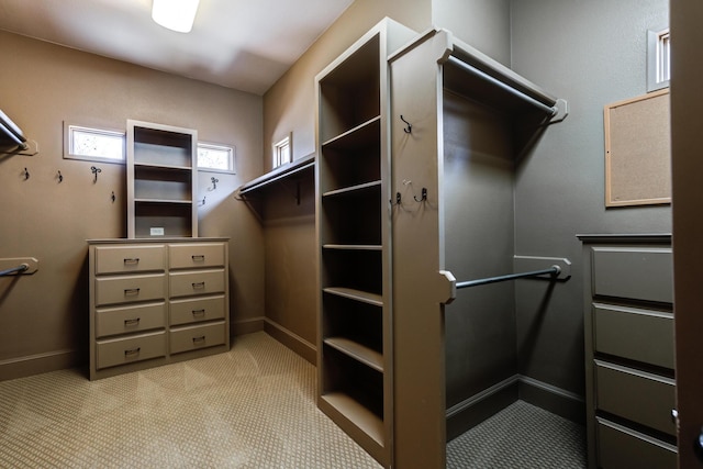 spacious closet featuring light carpet