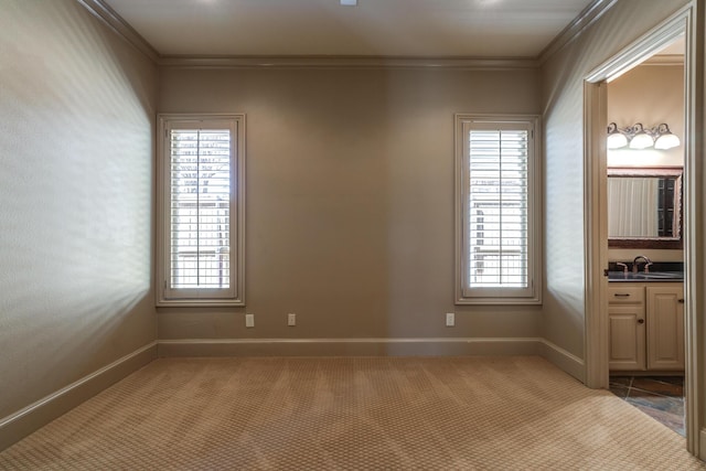 carpeted empty room with a wealth of natural light, baseboards, a sink, and crown molding