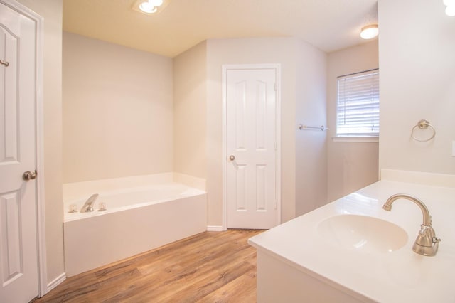 bathroom with wood-type flooring, a bathtub, and vanity