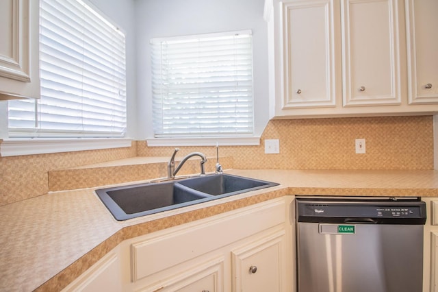 kitchen with tasteful backsplash, sink, and stainless steel dishwasher