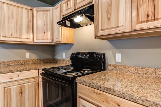 kitchen with light brown cabinetry and electric range