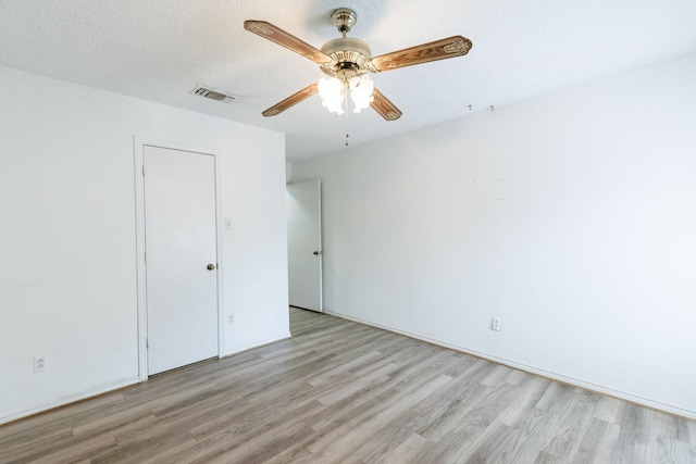 unfurnished bedroom featuring ceiling fan, light hardwood / wood-style flooring, and a textured ceiling