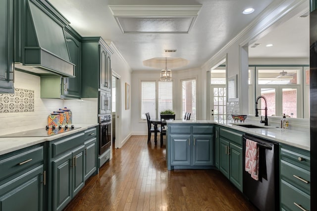 kitchen with green cabinetry, dishwasher, a sink, premium range hood, and black electric stovetop