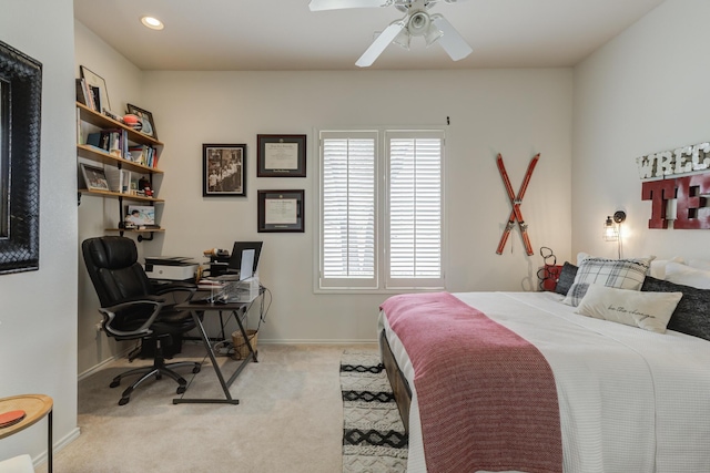 bedroom featuring a ceiling fan, baseboards, recessed lighting, and light colored carpet
