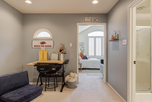 corridor with recessed lighting, carpet flooring, and baseboards