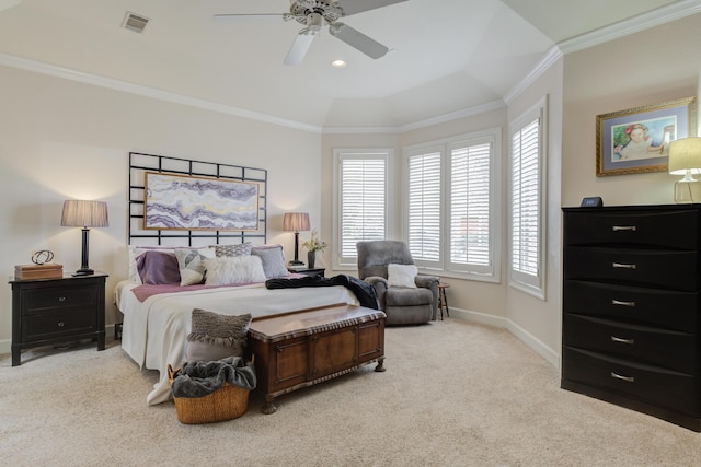 bedroom with baseboards, visible vents, carpet, and crown molding
