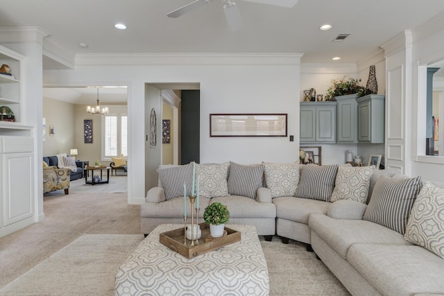 living room with light carpet, visible vents, recessed lighting, and crown molding