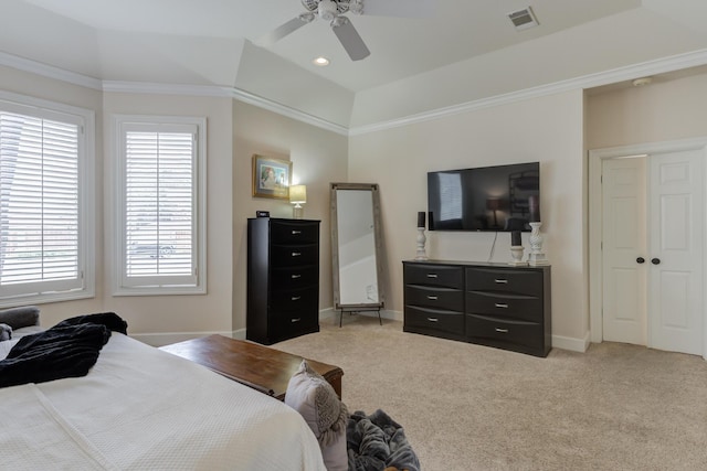 bedroom featuring baseboards, visible vents, light colored carpet, and ceiling fan