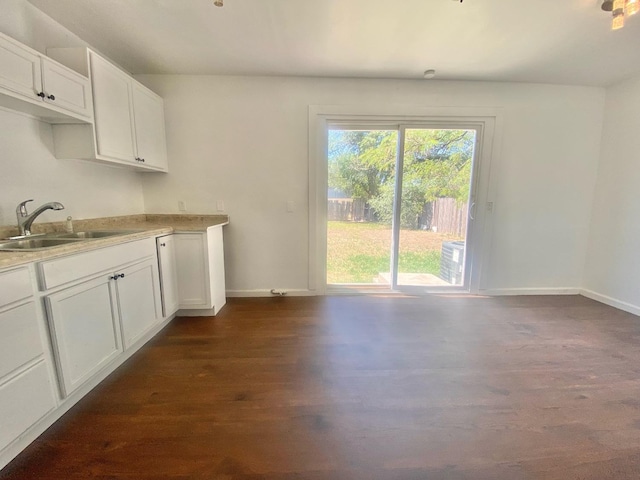 interior space with white cabinetry, sink, and dark wood-type flooring