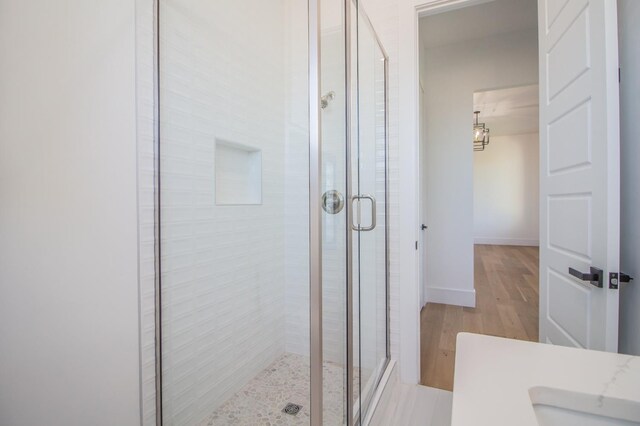 bathroom featuring a shower with shower door and hardwood / wood-style floors