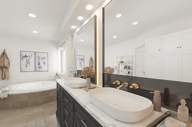 bathroom with a relaxing tiled tub, tile patterned floors, vanity, and lofted ceiling