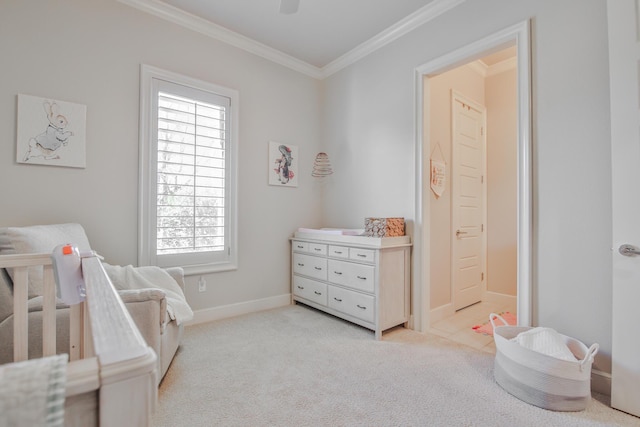 carpeted bedroom featuring crown molding