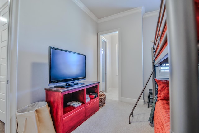 living room featuring light carpet and crown molding