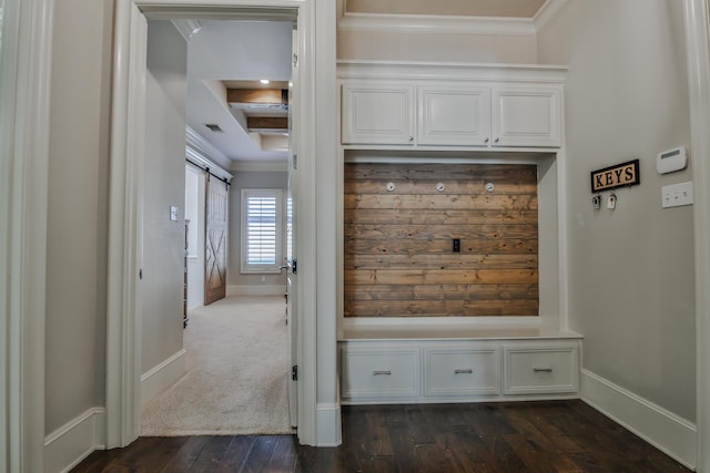 mudroom featuring dark wood-type flooring and ornamental molding