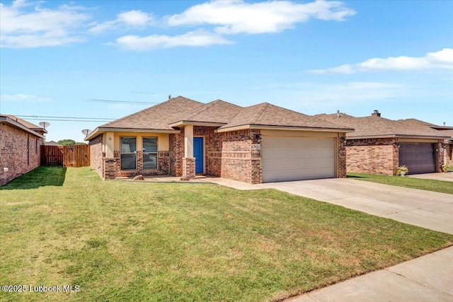 7024 34th Pl, Lubbock, TX 79407 - prairie-style house with brick siding, an attached garage, concrete driveway, and roof with shingles