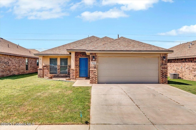 7024 34th Pl, Lubbock, TX 79407 - view of front facade with brick siding, a front lawn, a garage, a shingled roof, and driveway