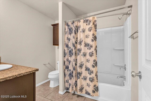 7024 34th Pl, Lubbock, TX 79407 - full bath with vanity, toilet, tile patterned flooring, shower / bathtub combination with curtain, and baseboards