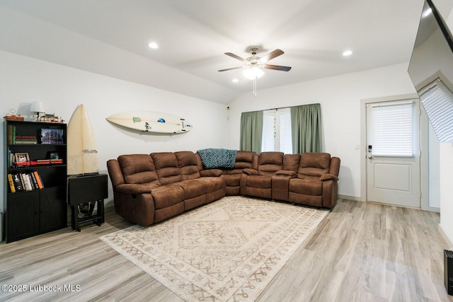 7415 8th St, Lubbock, TX 79416 - living room featuring ceiling fan, light wood finished floors, recessed lighting, and vaulted ceiling