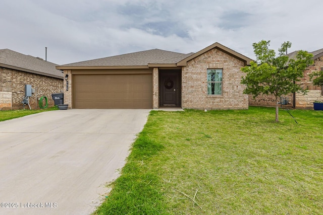 7415 8th St, Lubbock, TX 79416 - ranch-style house featuring a garage, brick siding, concrete driveway, a front lawn, and a shingled roof