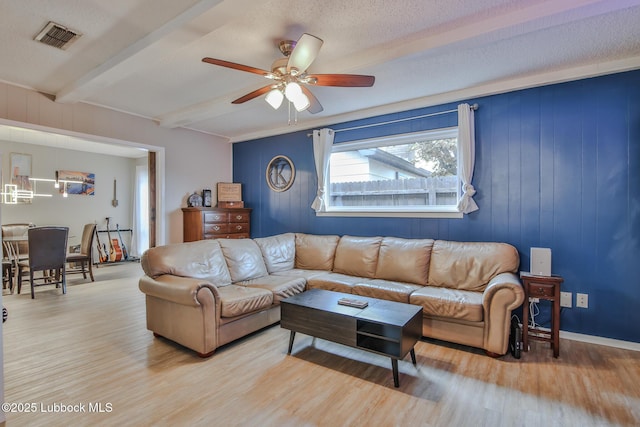 4816 55th St, Lubbock, TX 79414 - living area featuring a ceiling fan, light wood finished floors, and beam ceiling