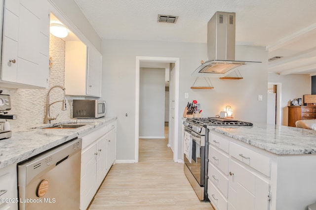 4816 55th St, Lubbock, TX 79414 - kitchen featuring stainless steel appliances, island exhaust hood, decorative backsplash, a sink, and light wood-style flooring
