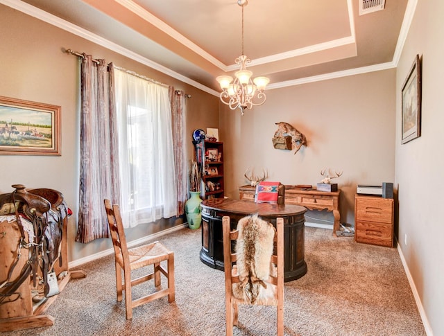 office area with an inviting chandelier, light colored carpet, a tray ceiling, and crown molding