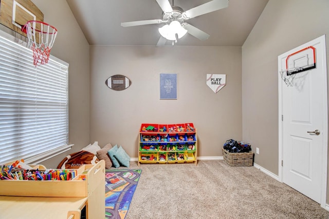 playroom featuring carpet floors and ceiling fan