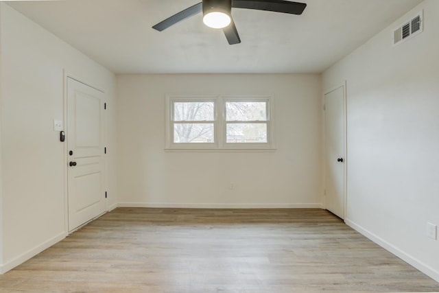 empty room featuring ceiling fan and light hardwood / wood-style floors