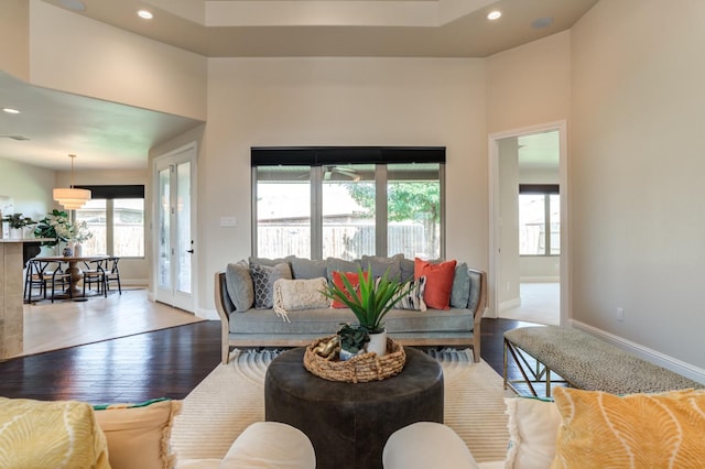 living room with wood-type flooring and a high ceiling