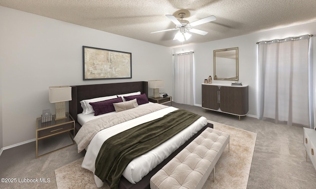bedroom featuring light colored carpet, a ceiling fan, a textured ceiling, and baseboards
