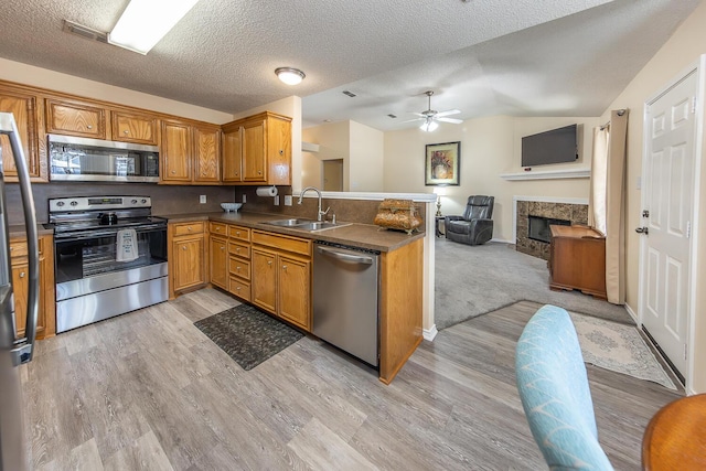 kitchen with ceiling fan, appliances with stainless steel finishes, a sink, a peninsula, and open floor plan