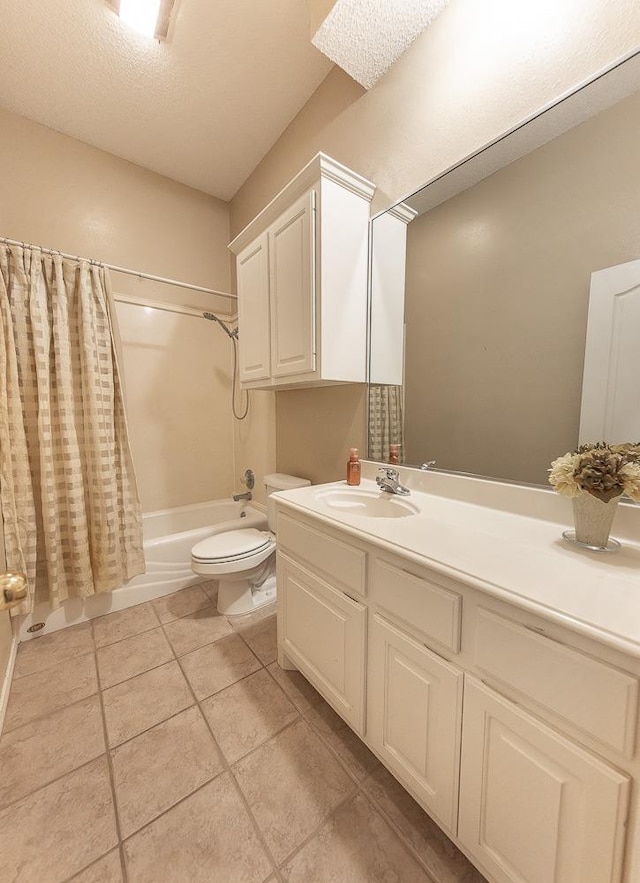 full bathroom with toilet, a textured ceiling, vanity, shower / bathtub combination with curtain, and tile patterned flooring