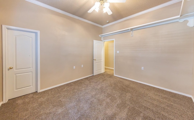 unfurnished bedroom with crown molding, ceiling fan, and carpet flooring